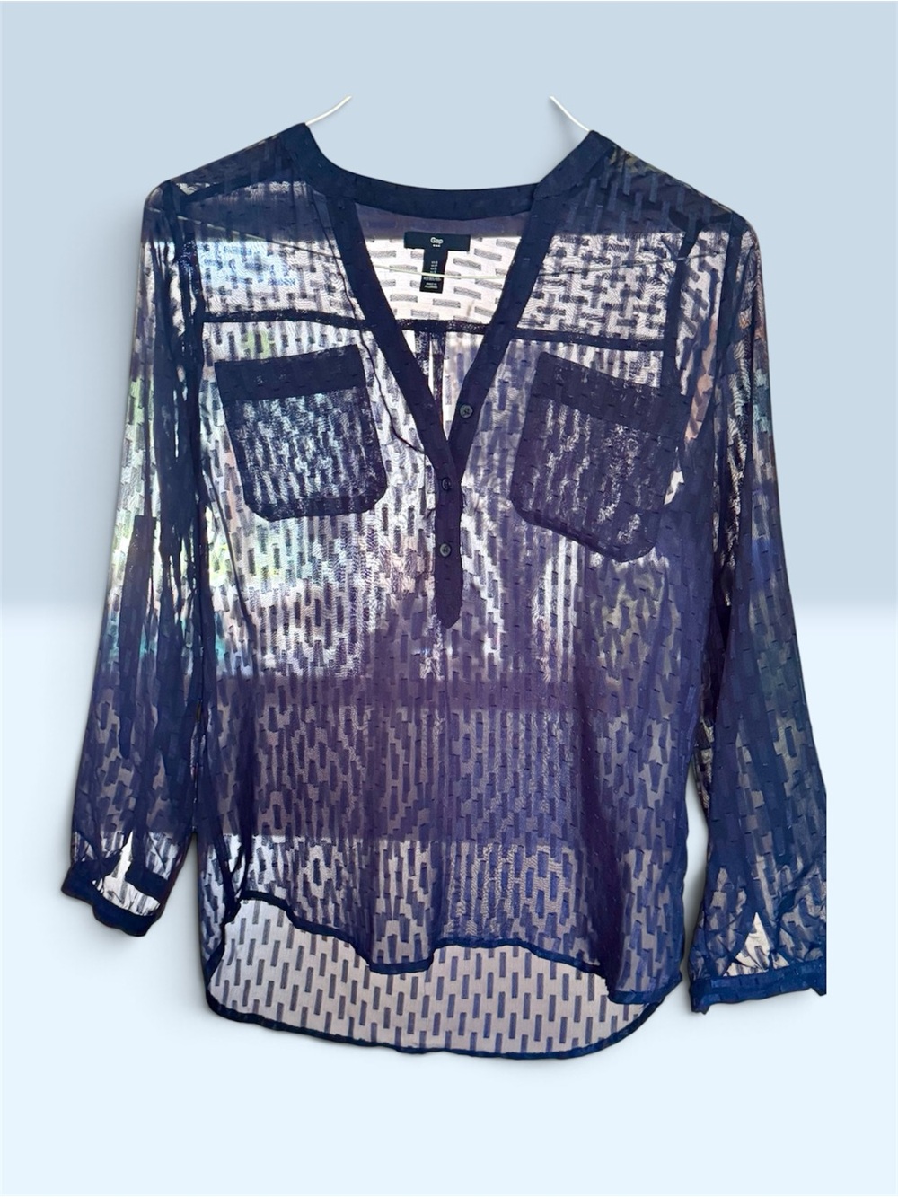 Cute Gap Navy Sheer Burnout Henley Blouse